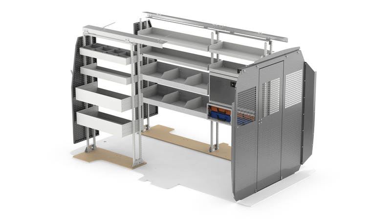 Ford Transit 130" WB Mid Roof General Bin Package Kit Rear View